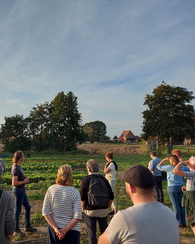 Bezoekers kijken bij avondlicht uit over de groentevelden tijdens een veldbezoek.
