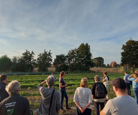 Bezoekers op het veld bij avondlicht.